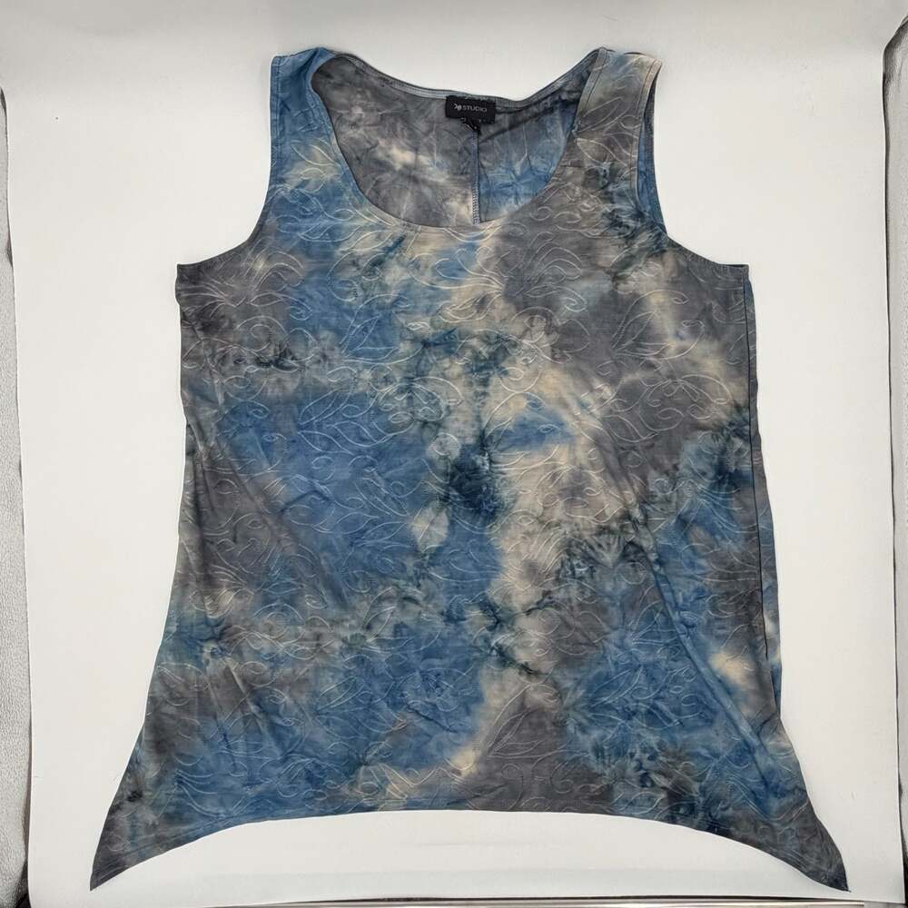 XL Boho Tie Dye Sleeveless Tunic Top Embroidered Sharkbite Hem Artsy Y2K